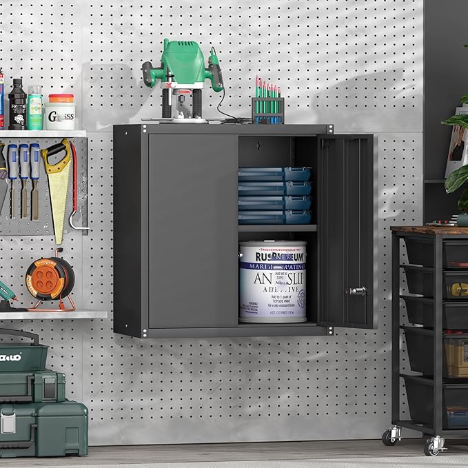 GREATMEET 27.95" H Garage Cabinets, Locking Cabinet, Garage Storage Cabinets, Hanging Wall Mount Cabinet for Utility Room, Black
