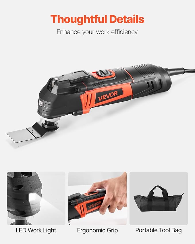 VEVOR Multitool Oscillating Tool, 4Amps Electric Oscillating Multi Tool Corded with 6 Variable Speeds 7000-19000 OPM, 3.2° Oscillating Angle, 13PCS Saw Accessories, LED Work Light & Tool Bag