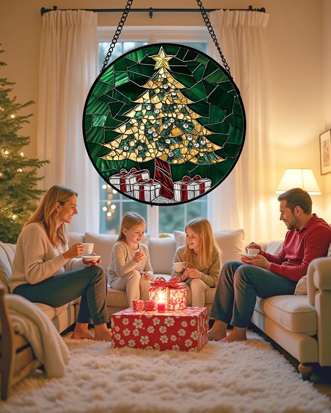Stained Glass Window Hanging -Gold Green Christmas Tree Suncatcher - Image 2