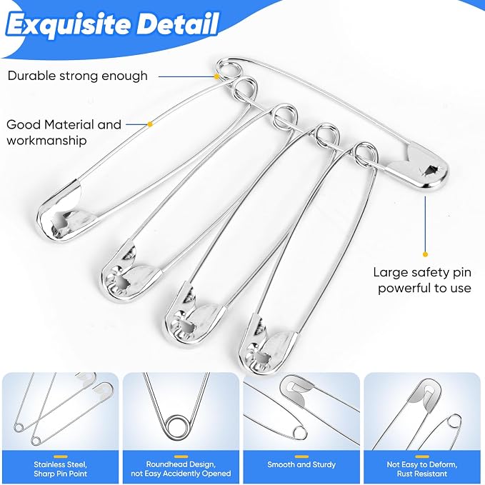 Huhuhero 200Pcs Safety Pins for Clothes, 2.2 inches Large Heavy Duty Safety Pins - Image 4