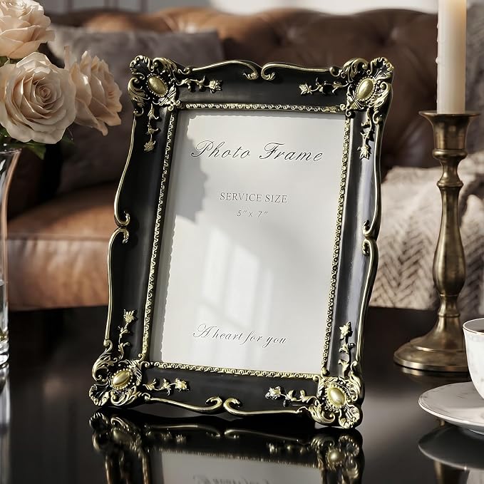 Cuspin Vintage 5x7 Picture Frame Black and Gold, Ornate Resin Photo Frame - Image 3