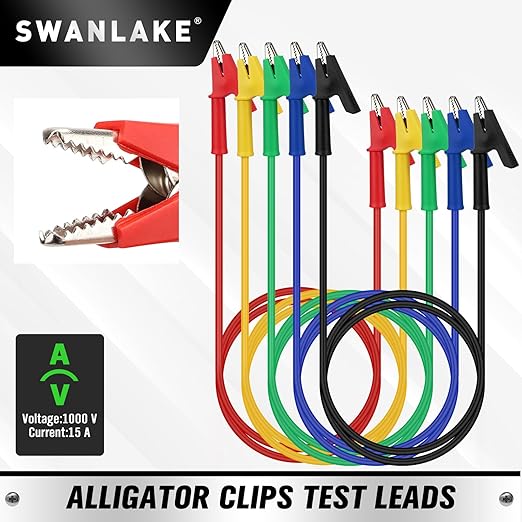 SWANLAKE 5-Piece Dual-Ended Alligator Clip Test Leads, 1000V 15A 3.5ft/1M Electrical Alligator Clips, Flexible Copper Cable Crocodile Clip, Mini Jumper Wires with Gator Clips
