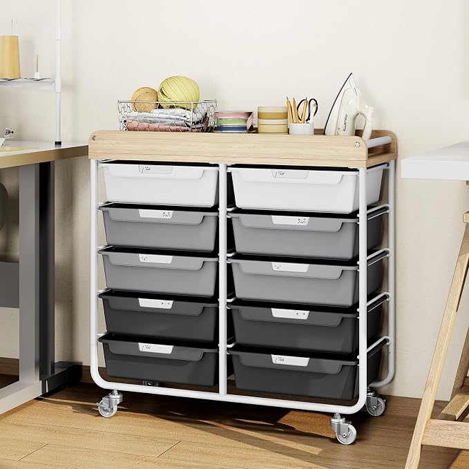 10 Drawers Rolling Cart with Wooden Tabletop, Utility Storage Cart with Wheels - Image 8