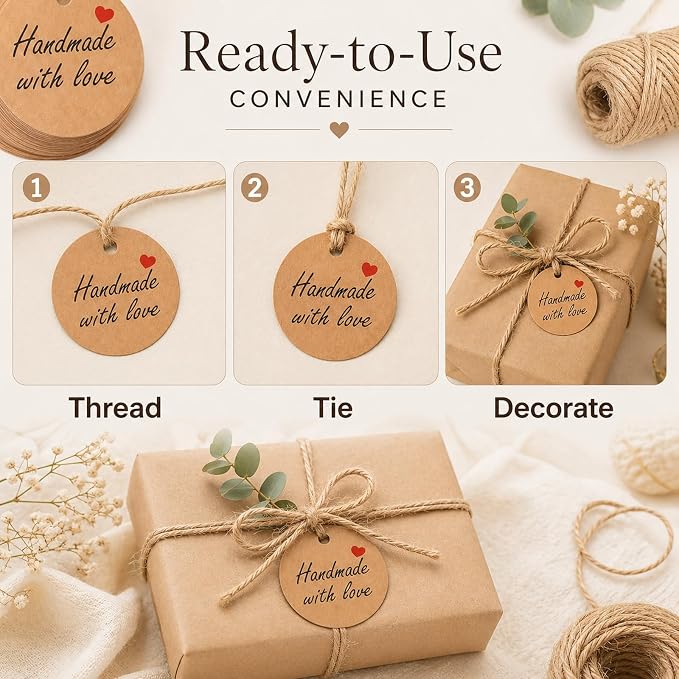 50 Pcs Handmade with Love Tags, Gift Tags with Jute String Small Round Brown - Image 3