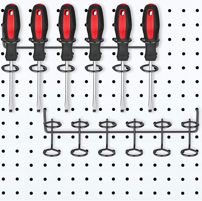 Hotop 2 Pieces Pegboard Screwdriver Holder Peg Board Tool Utility Hooks Pegboard Accessories Six-Tool Organizer Racks Accessory Multi-Ring Holder for Pliers(Black)