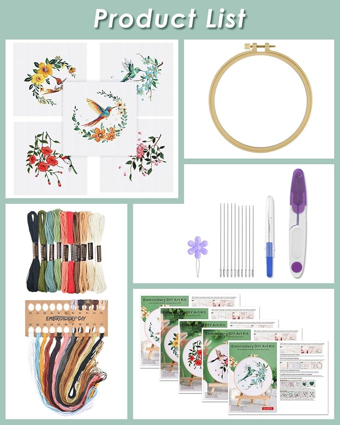 ERKOON 5 Sets Embroidery Kit for Beginners, Hummingbird and Flower Cross Stitch - Image 2