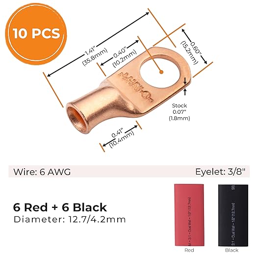 SELTERM 10pcs - 6 Awg - 3/8" Stud - Battery Lugs - Ring Terminal Connectors | with 12pcs 3:1 Black & Red Heat Shrink Tubing with Adhesive | Heavy Duty Battery Cable Ends - Bare Copper Wire Lugs Kit