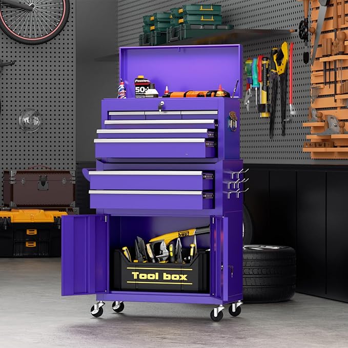 Crownland 8-Drawer Rolling Tool Chest with Wheels, Lockable 2 in 1 Detachable Tool Cabinet wit Drawers and Black Liners, Garage Top Toolbox & Bottom Storage Cart with Side Hooks(Purple)