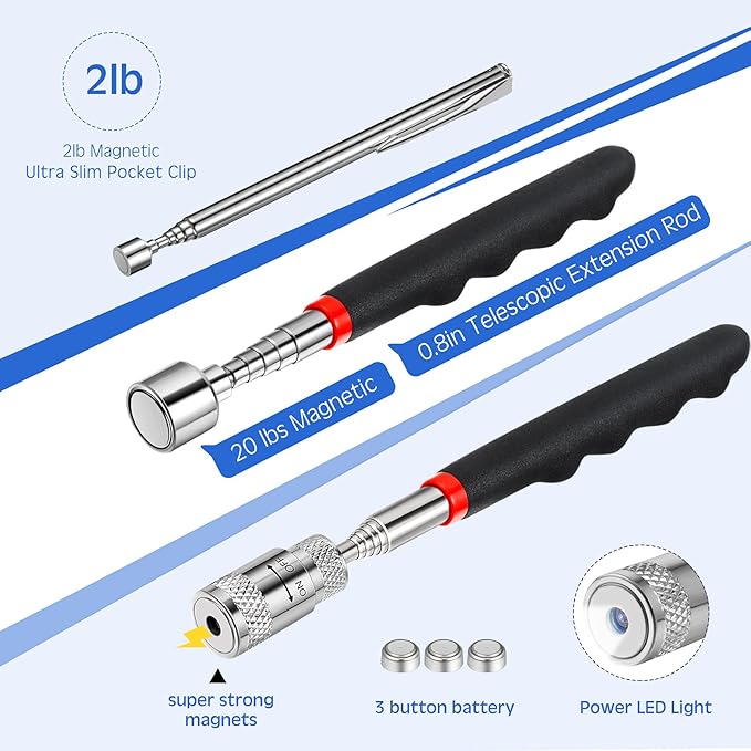 Patelai 4 Pcs Telescoping mechanic Magnet Tool Inspection Mirror Set with 2 lb 20 lb Magnetic Pickup Tool 8lb LED Light Telescoping Magnet Stick Gadget 360 Swivel for Father Day Men Gift Birthday