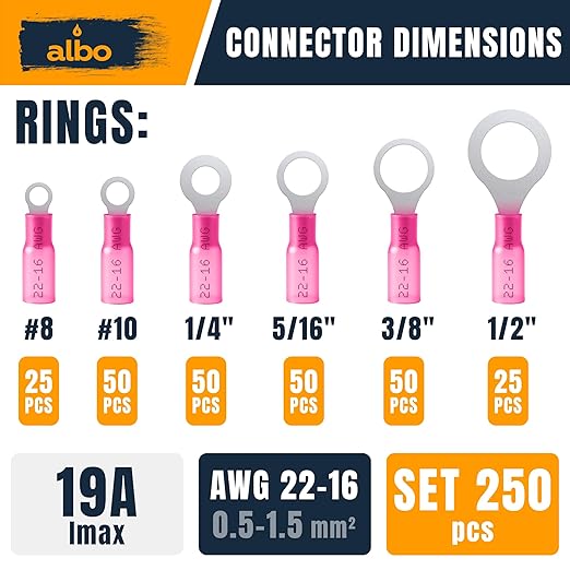 250PCS Red Heat Shrink Ring Terminal Kit – 22-16 AWG Wire Terminal Connectors Assortment, 6 Sizes (#8, #10, 1/4", 5/16", 3/8", 1/2") – Waterproof Tinned Copper Electrical Ring Connectors