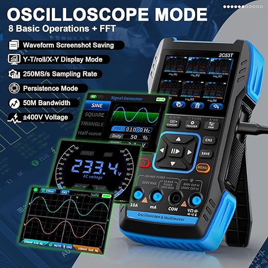 3in1 Upgrade Handheld Oscilloscope/Multimeter/DDS Generator Digital Oscilloscope with Double Channel, 250MS/s Sampling Rate, 50MHz Bandwidth, 19999 Counts, Voltage, Current, Capacitor, Resistor, Diode