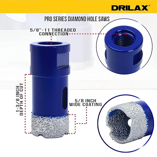 Drilax Pro Series 1 Inch Diamond Hole Saw Drill Bit for Angle Grinders | 5/8"-11 Thread | Fast Dry Cutting in Concrete, Masonry, Granite, Quartz, Porcelain, Tile | 1-3/8" Depth