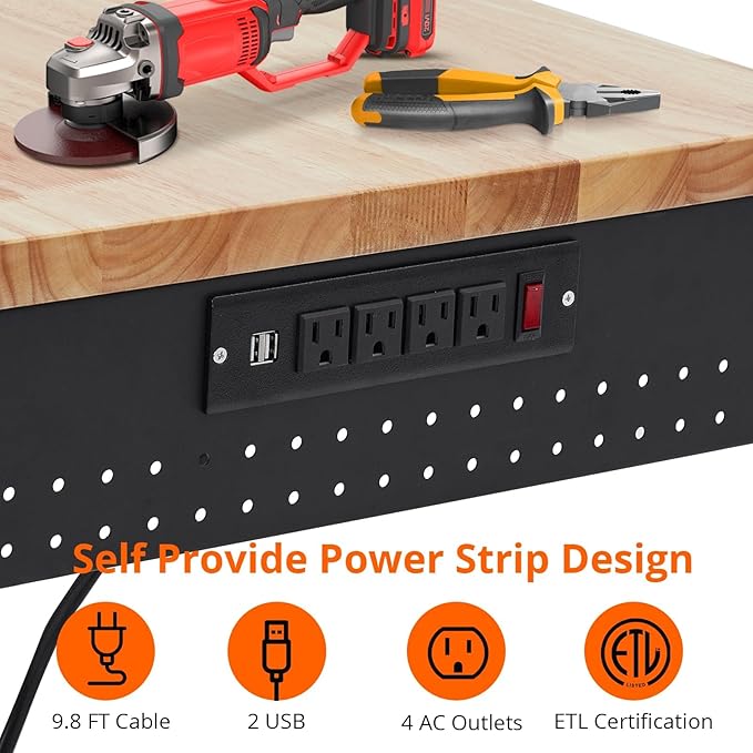 60" Workbench, Heavy Duty Adjustable Height Table with Power Outlets, Portable Garage & Workshop Work Bench, 2000 LBS Capacity, Office, Home Use, Easy Assembly, Multipurpose Utility Table