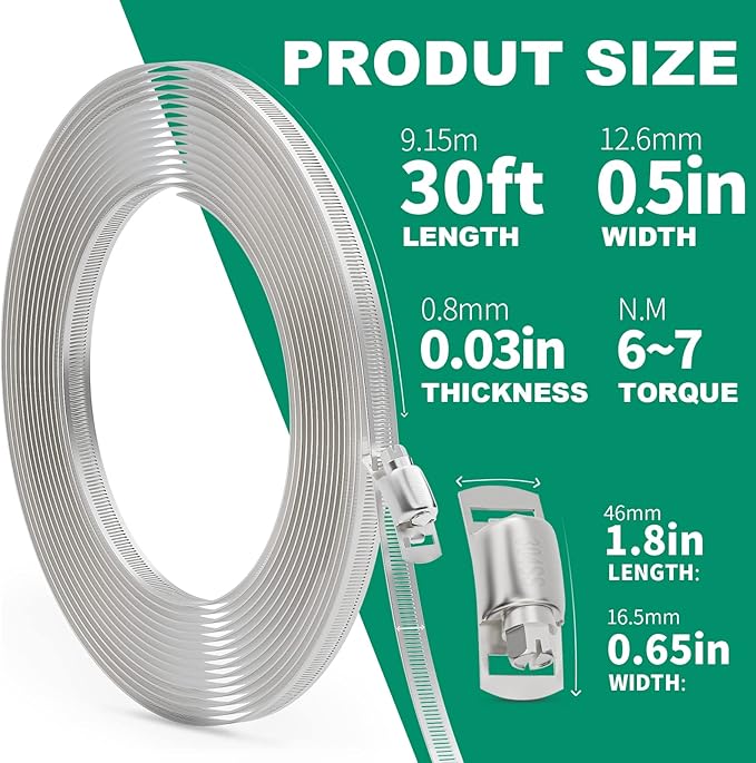 30FT Hose Clamps,304 Stainless Steel Hose Clamp Assortment Kit DIY Metal Strapping with Holes+15 Fasteners,Adjustable Worm Gear Large Hose Clamps Metal Band Screw Clamp Straps for Pipe,Duct,Tube