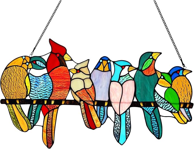 Stained Glass Birds Window Hangings, 9 Multicolor Stained Glass Birds on Branch by Handcraftedstainedglassgifts