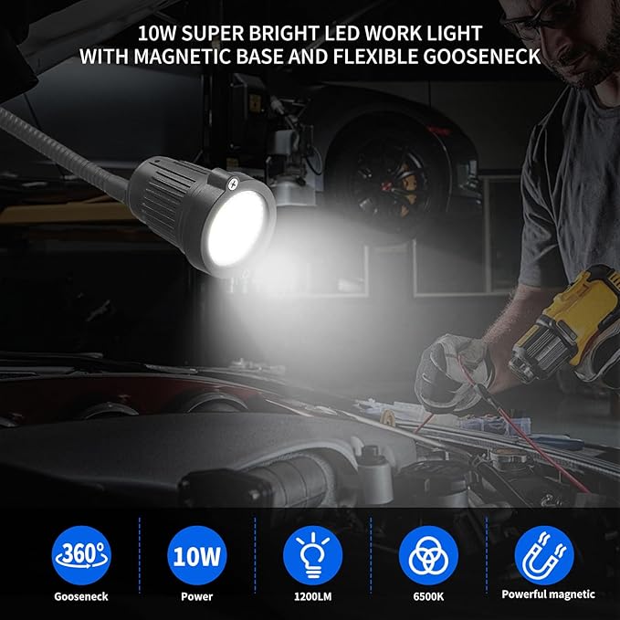 Magnetic Work Light, LED Work Light, with Flexible Gooseneck and Magnetic Base, Shop Tool Lamp for Lathe, Bandsaw, Work Bench, Sewing Machine, Industrial Lighting, 1200Lumens