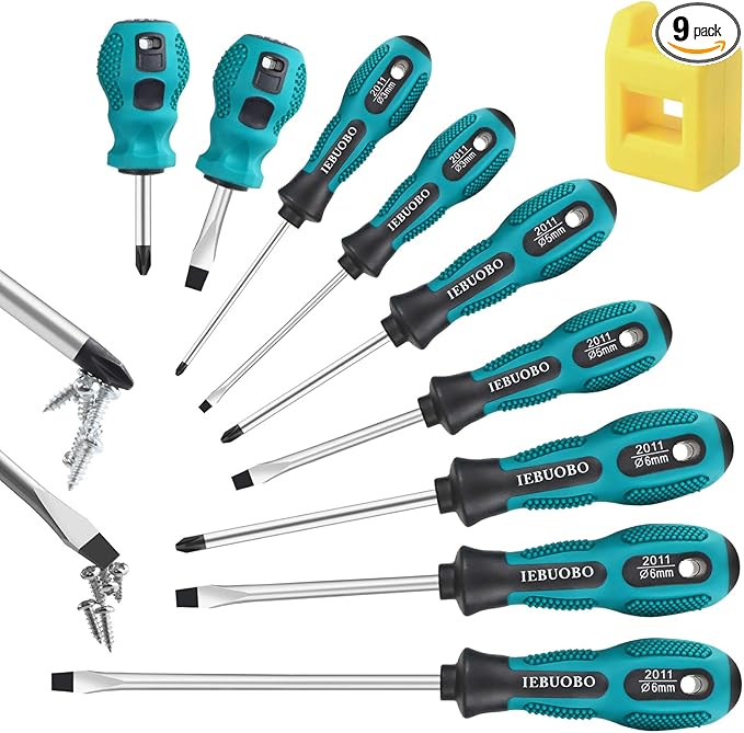 Magnetic Screwdriver Set 9 PCS,4 Phillips and 5 Flat Head Screwdriver Non-Slip for Repair Home Improvement Craft (Green)