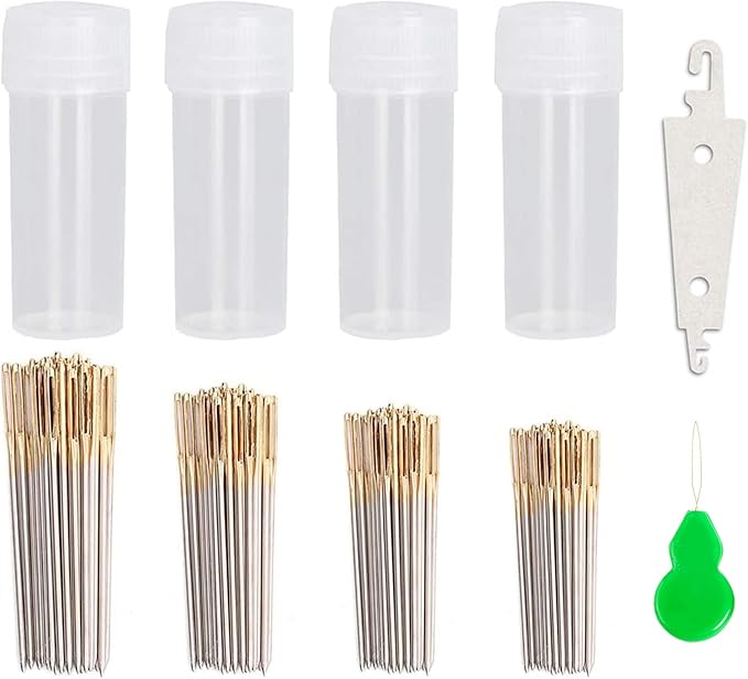 120pcs Cross Stitch Needles +2 Needle Threader Golden Color Large Eyes Cross by JIGEGE
