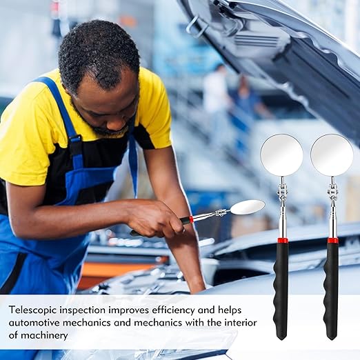 2PCS Telescoping Inspection Mirror Extendable Mirror on a Stick Mechanic Mirror with Long Handle Round Extendable Mirror for Mechanic Checking Vehicle