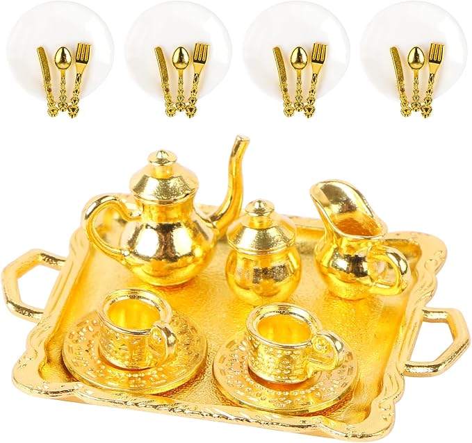 24 Pieces Mini Tea Set Golden Metal Dollhouse Miniatures Tiny Tea Set Mini Doll by HOMICO