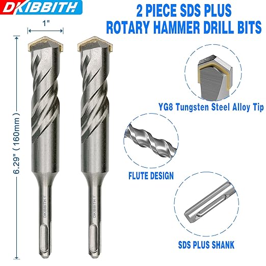 2-Piece 1" SDS Plus Drill Bits Rotary Hammer Drill Bit Set, Carbide Tipped for Drilling Concrete Cement Porcelain Tiles Ceramic Pots Stone Brick, Diameter 25mm, 160mm Long, SDS Plus Shank.