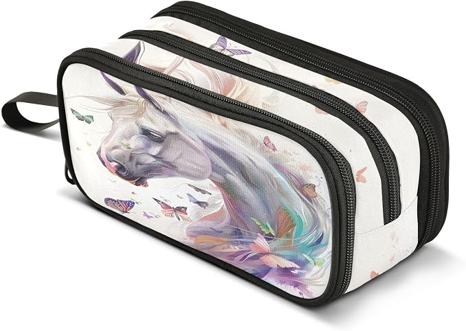 White Horse Butterflies Pencil Case Box Boys Girls Large Pencil Pouch by BOENLE-WELCOMEYOURCOMING