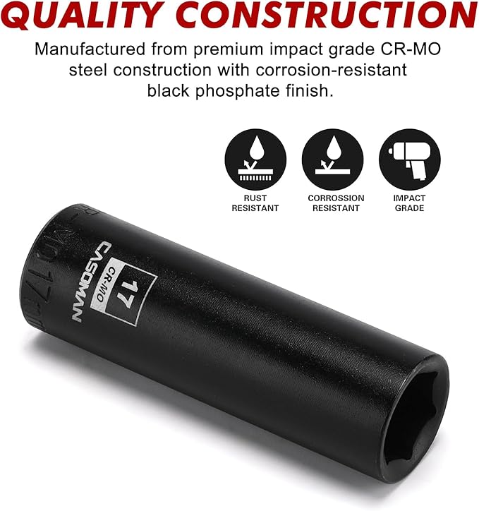 CASOMAN 1/2-Inch Drive x 17mm Deep Impact Socket, 6-Point, Metric, CR-MO