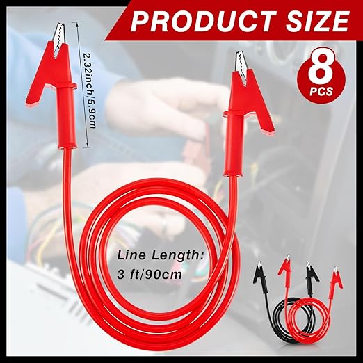 Dunzy 8 Pcs 14 Gauge Jumper Wires Alligator Clips to Alligator Clip Electrical Test Wires Set Silicone Flexible Cable for Electrical Testing (3 Ft)