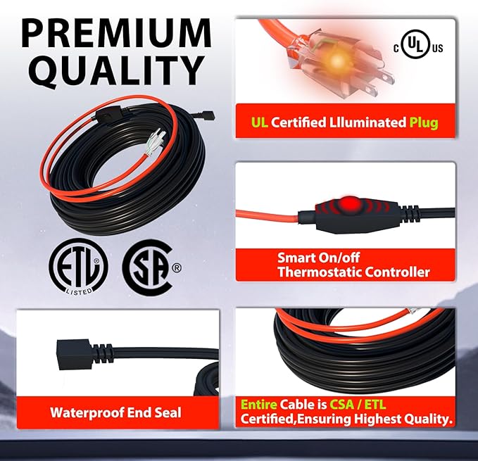 HEATIT Pipe Heating Cable with Thermostat Electric Heating Cable Automatic Heat Tape Pipe Freeze Protected Heated Cable 22 Feet