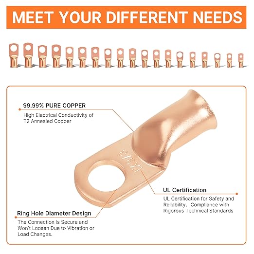 Kuject 220PCS Battery Cable Ends AWG 1 2 4 6 8 1/0 2/0 Gauge, 110PCS Heavy Duty Copper Wire Lugs Kit, Battery Cable Terminal Connectors Assortment with 110PCS 3:1 Heat Shrink Tubing