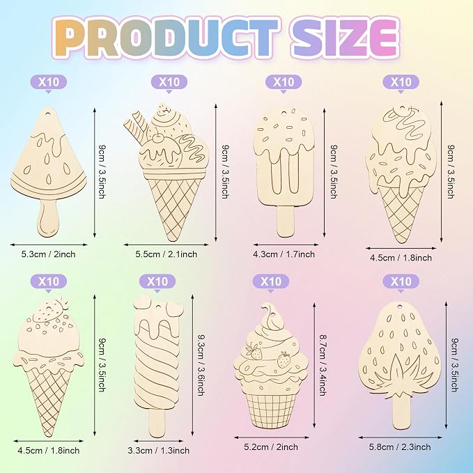 80PCS Wooden Ice Cream Cutouts Ornaments to Paint, Summer Decorations 8 Styles - Image 7