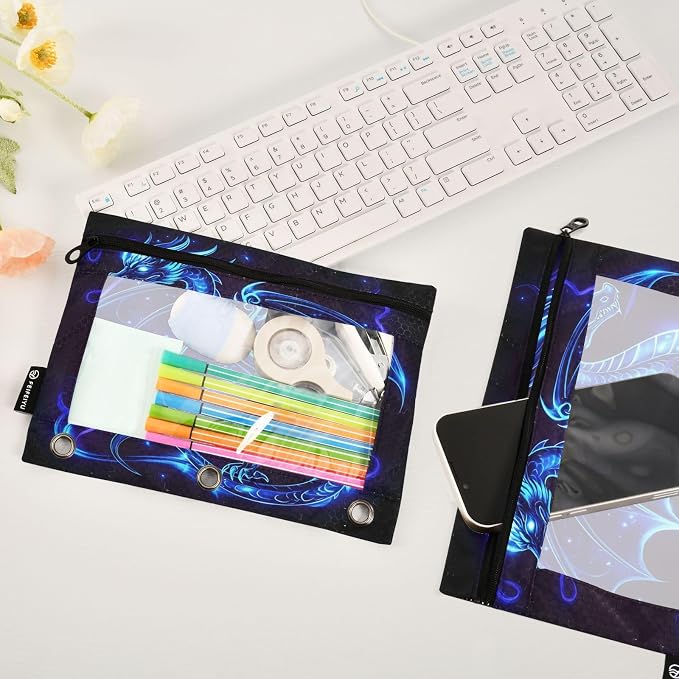 Dragon Blue Black Pencil Pouch for 3 Ring Binder, 2 Pack Waterproof Pencil Bags - Image 5
