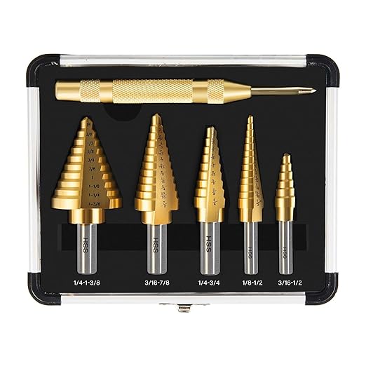 Step Drill Bit Set, 6 Pcs High-Speed Steel Step Drill Bit with Automatic Center Punch for Metal, Wood, Plastic, 50 Sizes HSS Step Bit with Aluminum Case for DIY Lovers, 1/8" to 1-3/8"