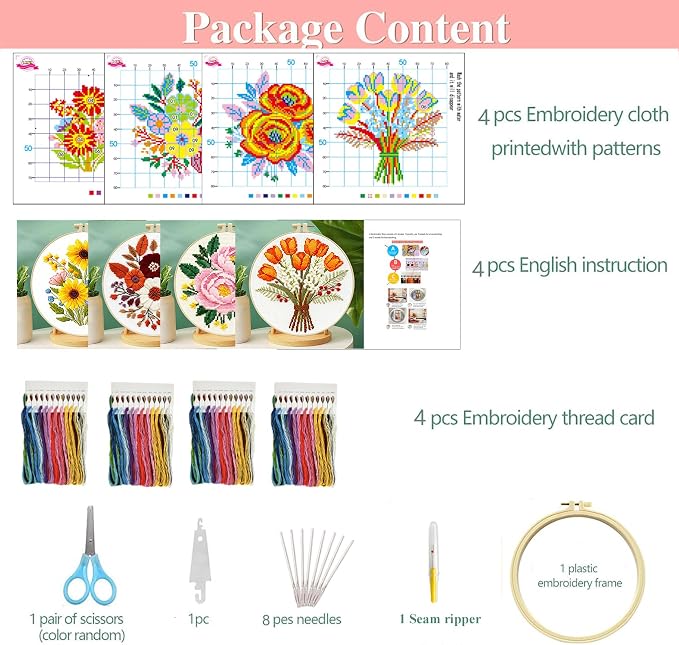 Zhenqing 4-Piece Floral Cross Stitch Kit - Image 4
