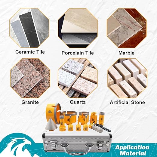 Diamond Tile Hole Saw Kit 14pcs 6/6/8/19/25/35/50/75/102mm Drill Bits & Adapter with 4/5" Finger Bit and 2" Chamfer Bit and 2pcs 4.5 Inch Diamond Blade for Tile Porcelain Ceramic Marble Granite