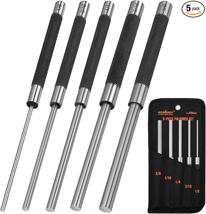 HORUSDY 5-Piece Roll Pin Punch Set, 8-Inch Carbon Steel Pin Punch Tool Kit (1/8" to 3/8") with Storage Pouch for Gunsmithing, Watch & Jewelry Repair