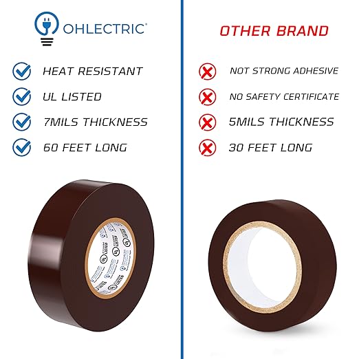 OHLECTRIC Professional Grade Vinyl Electrical Tape (1 Pack) Brown - 7 Mil Thick Flame-Retardant, Heat & Weather Resistant 3/4 Inch x 60 Feet | Ideal for Contractors & Electricians