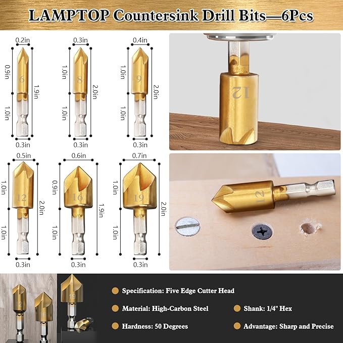 LAMPTOP 47 Pcs Woodworking Tools and Accessories, Including Countersink Drill Bit Set, Wood Plug Cutter, Step Drill Bit, Saw Blades, Drill Stop Bit Set, Long Twist Drill Bit, L-Wrench, Center Punch