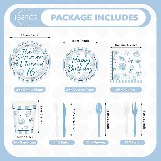 168 Pcs Summer 16th Seashell Birthday Party Decorations Serves 24 | Coastal - Image 2