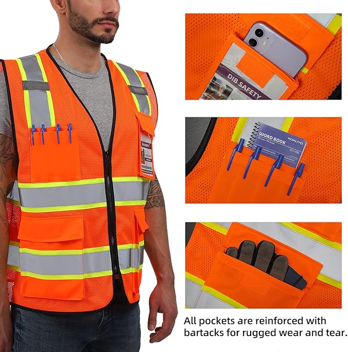 Dib Safety Reflective Mesh Vest High Visibility Two Tone with Pockets and Zipper, ANSI Class 2 Compliant, Orange Mesh with Yellow Trim S