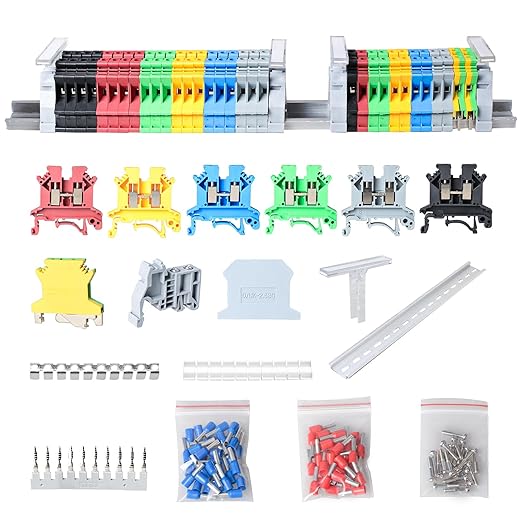 Terminal Block Kit, Rail Combined Terminal Block, Rail Type Voltage Terminal Accessories (Red & Yellow & Blue & Black & Green & Grey)
