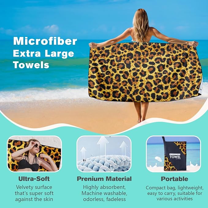 Leopard Print Beach Towel Oversized 36" x 72", Thin Lightweight Sand Free Quick Dry Microfiber Towel for Swimming Pool Cruise Camping Travel