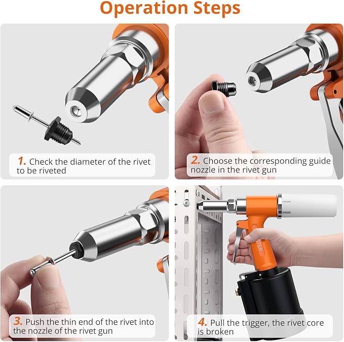 Proster Pneumatic Tool Air Riveter - 3097lbf Pulling Pneumatic Rivet Gun, 6-8KG/C2 Heavy-Duty Air Pop Riveter for 3/32", 1/8", 5/32", 3/16" Capacity