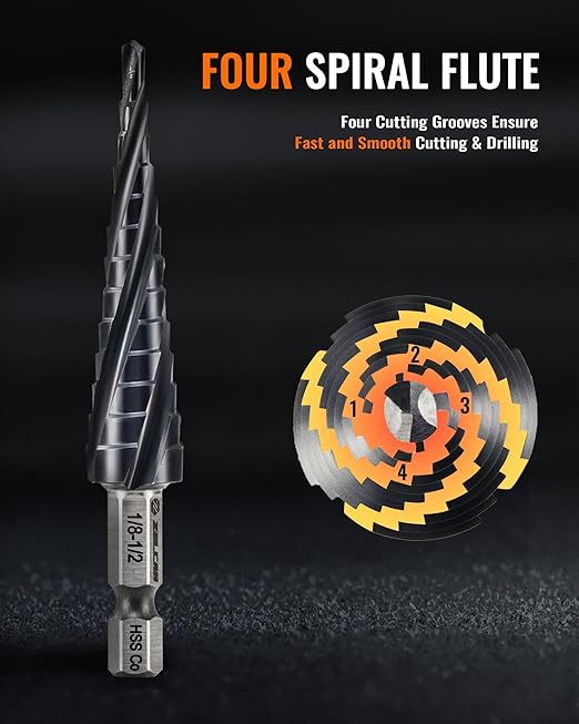 ZELCAN 13 Sizes M35 Cobalt Step Drill Bit, 1/8" to 1/2" Four Spiral Flute Step Drill Bit for Metal, Titanium-Coated HSS Step Bit with 1/4" Hex Shank for Stainless Steel Aluminum Copper Wood Plastic