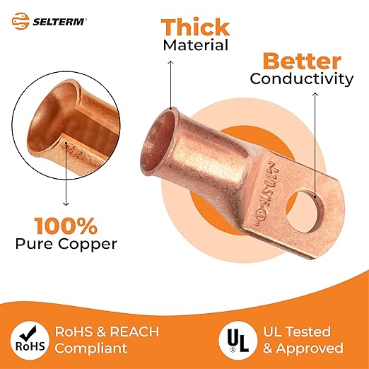 SELTERM 10pcs 1/0 AWG - 5/16" Stud - Battery Lugs, Heavy Duty Wire Lugs, Ring Terminals, Battery Cable Ends,0 Gauge Terminals, UL Bare Copper Eyelets Electrical Battery Terminal Connectors