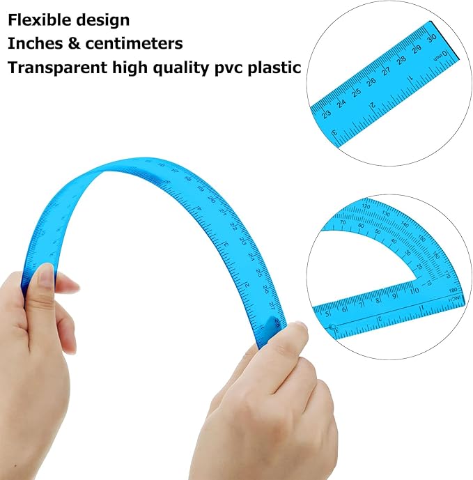 2 Packs 12 Inch Plastic Ruler and 6 Inch Plastic Protractor Set Clear Math Geometry Set Classroom Set Angle Detector School Supplies Classroom Ruler Home Office Drawings (Blue)