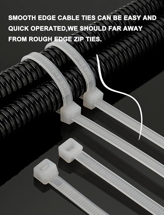HS Thick Zip Ties 8 Inch x 3/16" (Bulk-500 Count) UV Black Cable Ties 50 Pounds Heavy Duty Self-Locking Strap Ties for Automotive,Outdoor Fence Purpose