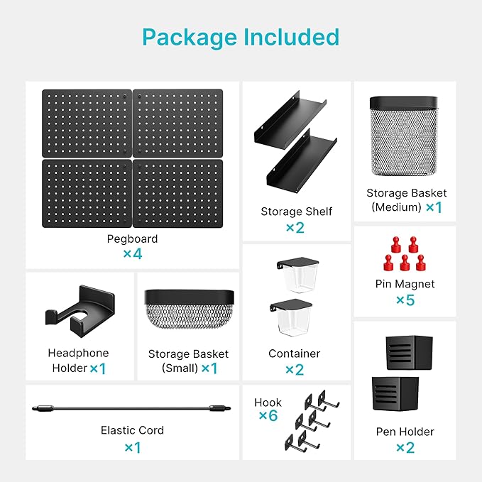 Pegboard Wall Organizer Combination Kit,Overall 33.1"x25.4" Metal Office Pegboard with 21 Accessories, Wall Mounted Peg board Display Panels for Home, Gaming Room, Garage (4Pcs,Black)