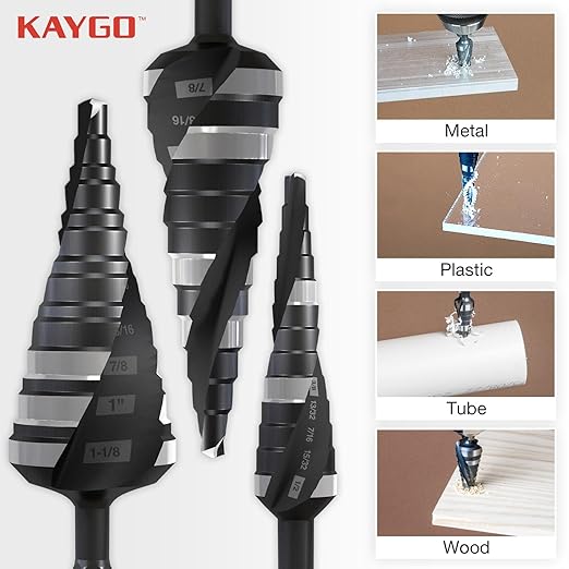 KAYGO M35 Step Drill Bit, 1/8 to 1/2 inch Step Bits for Thin Metal Stainless Steel Aluminum Wood Plastic,1/4 -inch Hex Shank