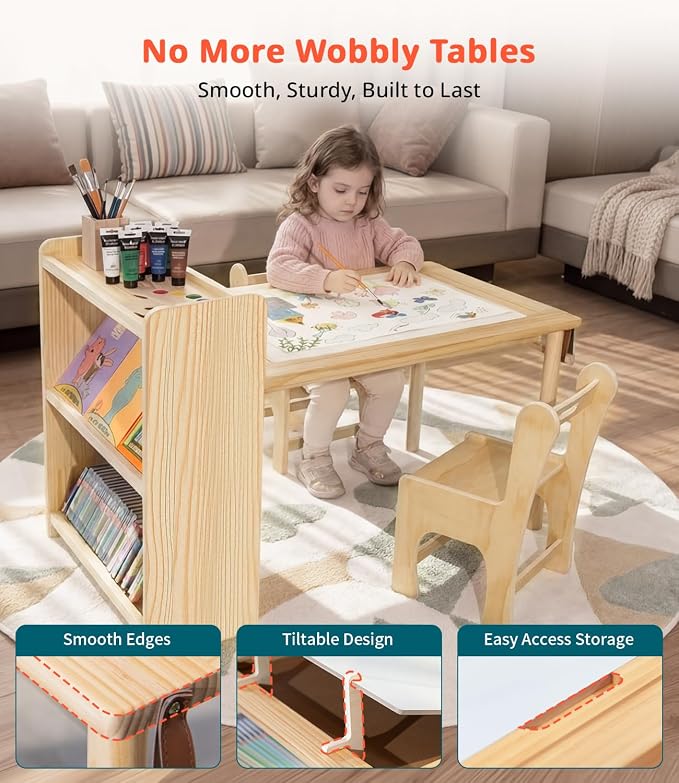 JOIN&JOY Kids Art Table and 2 Chair Set, Toddler Activity - Image 3